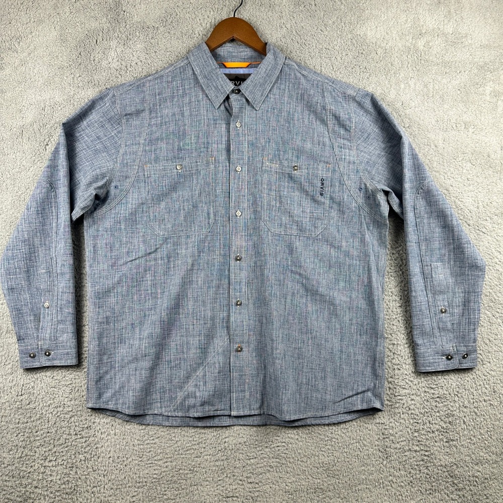 Orvis Active Fit Mens XL Shirt Blue Long Sleeve Outdoor Hiking Button Up